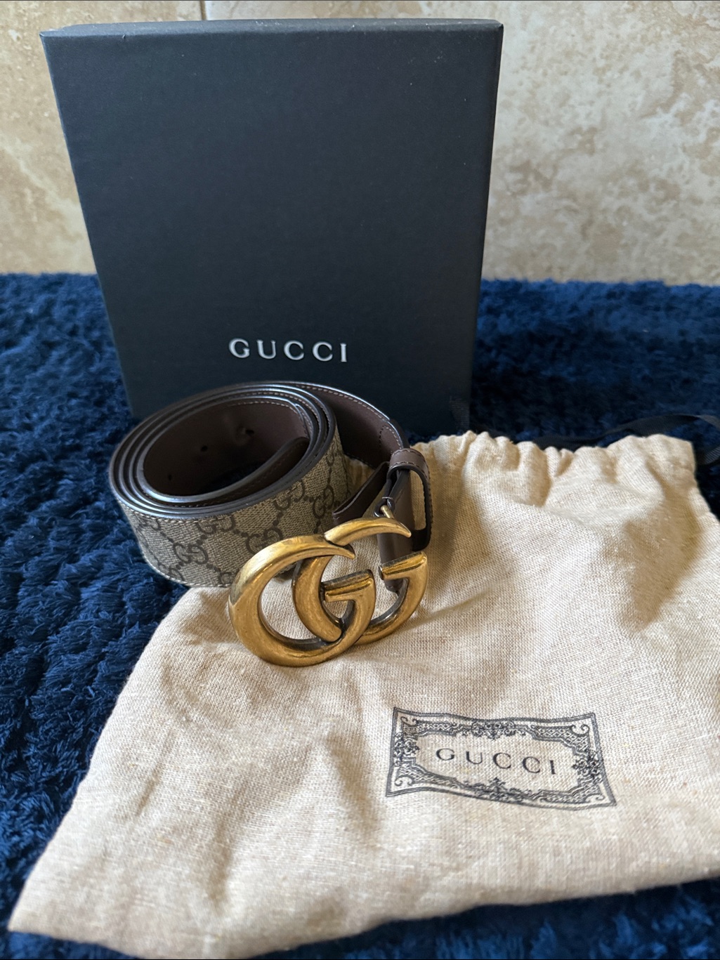 Gucci Beige Gg Canvas Belt With Antique Gold Double G Buckle